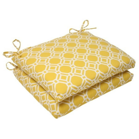 Set of 2 Sunny Yellow & White Geometric Square Outdoor Patio Seat Cushions 18.5