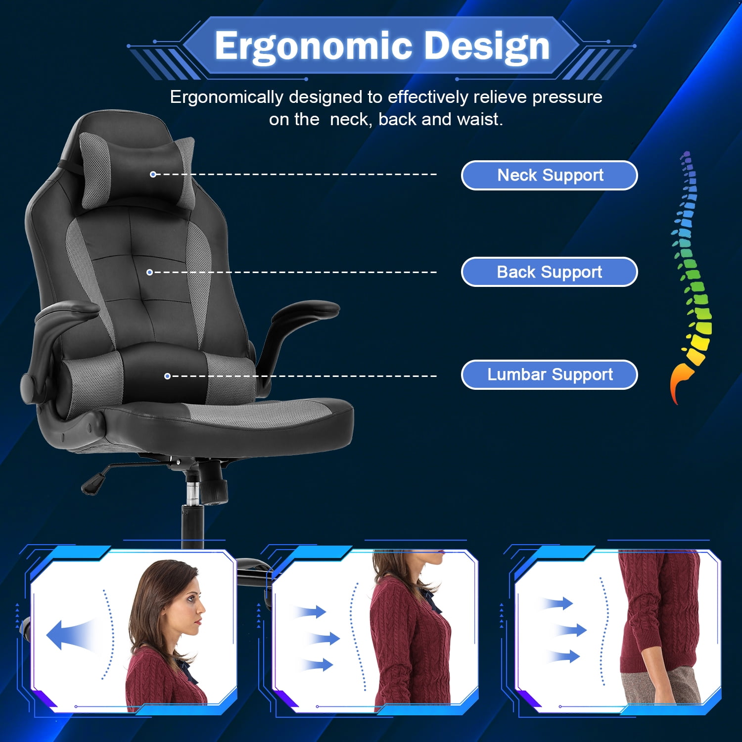 Video Game Chair High Back Gaming Chair PU Leather Racing Chair with Headrest Lumbar Support & Flip-up Arms , Adjustable Gamer Chair for Adults & Kids, Grey