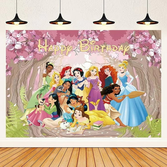 Princesses Cartoon Theme Birthday Flag Background Banner Children's Party Decoration supplies Photography Photo Prop ,70.8x43.3inch.