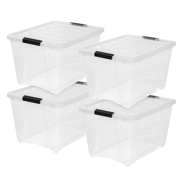 IRIS USA 54 Qt Stackable Plastic Storage Bins with Lids, 4 Pack - BPA-Free, Made in USA - See-Through Organizing Solution, Latches, Durable Nestable Containers, Secure Pull Handle - Clear