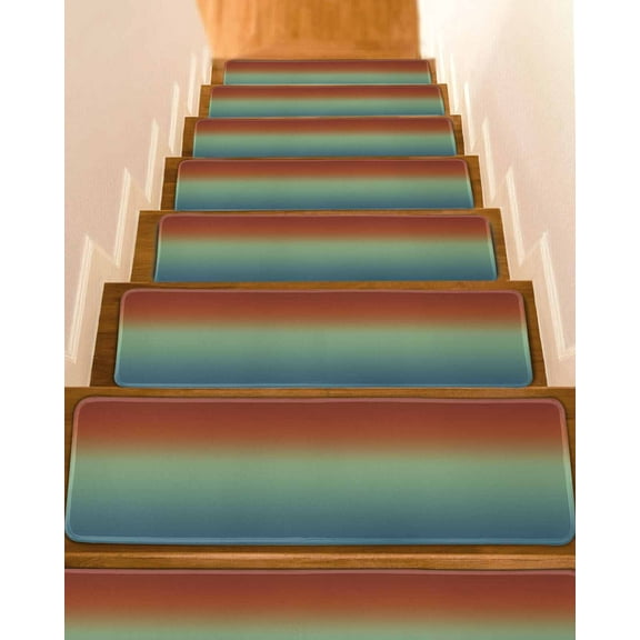 Burnt Orange Teal Ombre Stair Treads for Wooden Steps Indoor Runner Rug Carpet, Modern Abstract Art Aesthetics 15 Pieces Peel and Stick Staircase Step Treads Covers Washable Throw Door Mats, 30"x8"