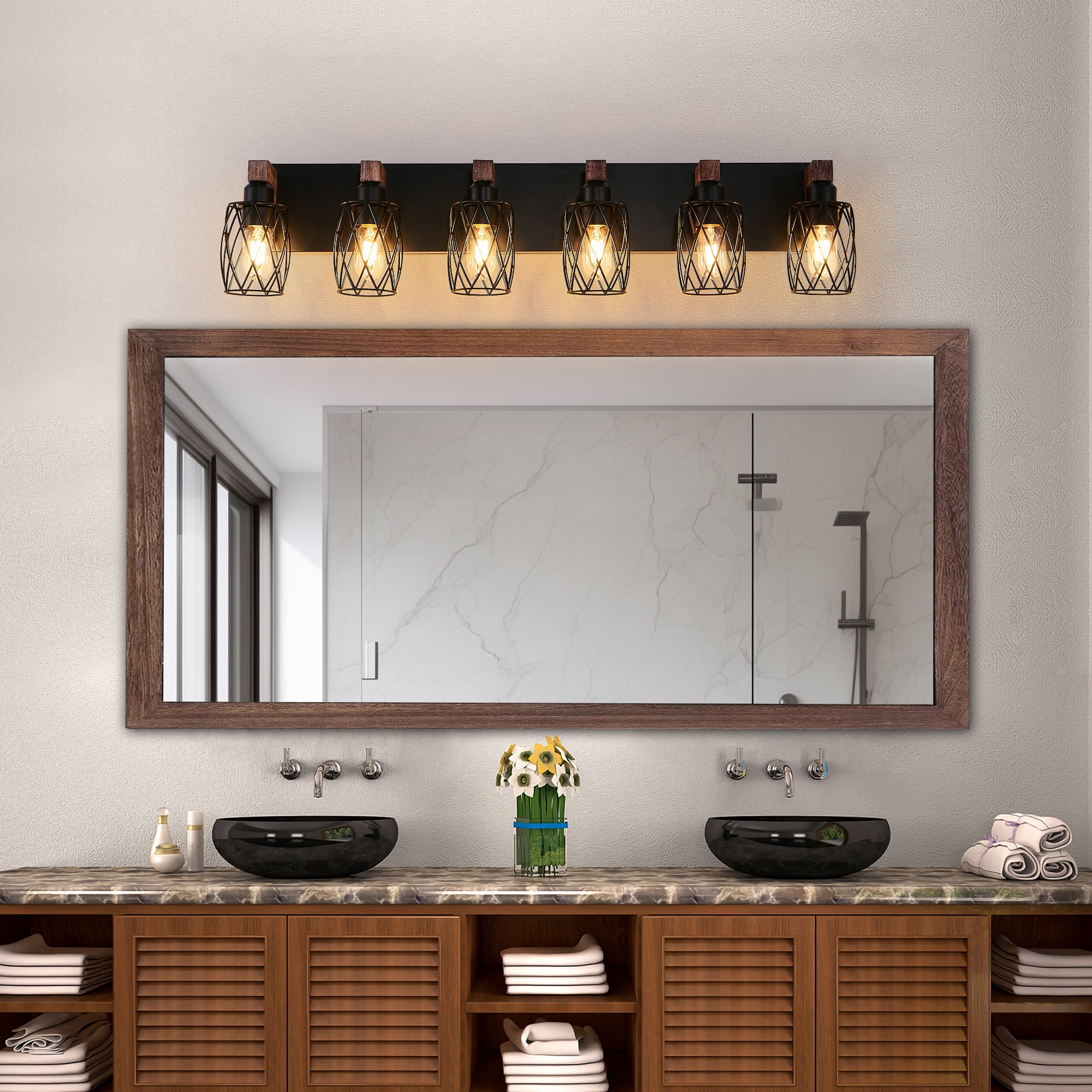 Farmhouse Bathroom Bathroom Vanity Light , 6 Light with Metal and Glass Lampshade, Wood Rustic Lighting Fixtures Over Mirror（37.6inch）