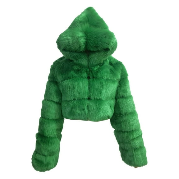 Huowey Women Jacket Winter Warm Thickened Crop Coat Hooded Long Sleeve Fuzzy Short Tops Outerwear Winter Warmth Comfort Streetwear,Green,L
