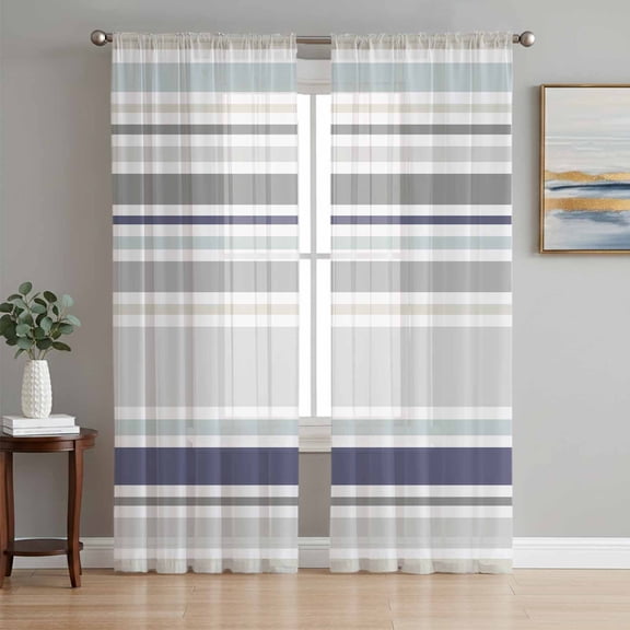 Gray Stripe Semi Sheer Curtains 84 Inch Length 2 Panels Set, Modern Abstract Art Navy Blue Striped Rustic Sheer Kitchen Curtain Privacy Voile Window Curtain for Living Room Bedroom Rod Pocket Drapes