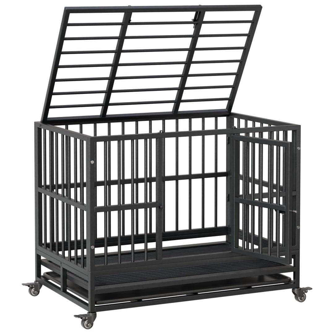 Heavy Duty Indestructible Dog Crate, Escape Proof Dog Cage with Double Door, Wheels & Removable Tray, Collapsible Dog Crates for Small Medium Large Dogs