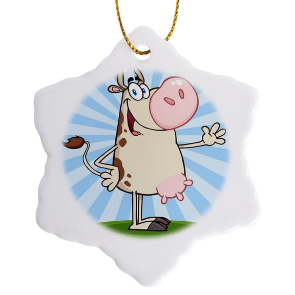 3drose, Happy Cow with Background, 3 inch Snowflake Porcelain Ornament