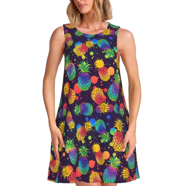 Fotbe Colorful Pineapples1 Vestido de Verano sin Mangas para Mujer – Vestido Midi Línea A, Estilo Camiseta Floral, Vestido Playero Casual y Fluido