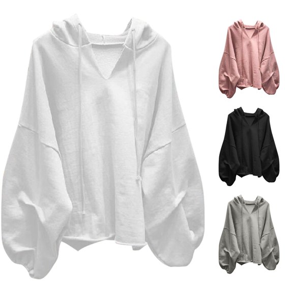 HCYSFG Womens Plus Size Hoodie V Neck Long Batwing Sleeve Solid Color Loose Fit Casual Sweatshirt Pullover Everyday Tops