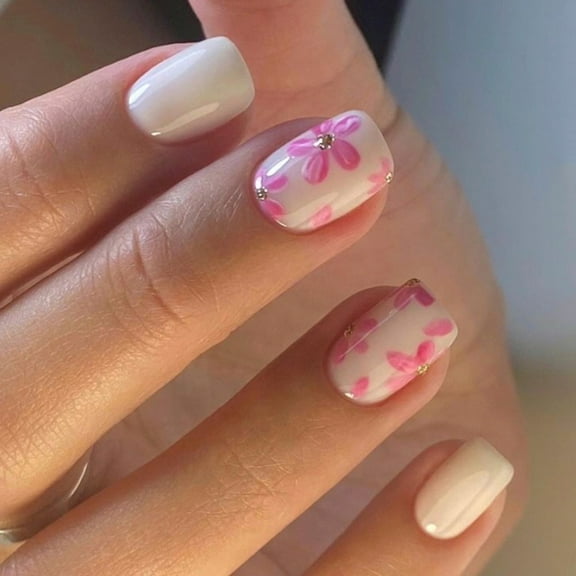 30 Pcs Flowers on Nails Solid Color Artificial Nails Short Square False Nails Glossy Press On Nails for Woman Girls