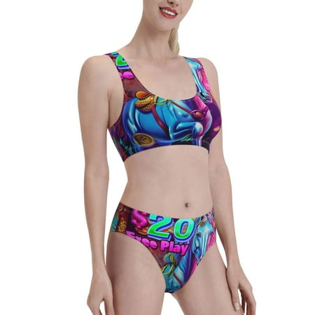 Uemuo Neon Free Play Printed Women s High Waisted Bikini Sets Sporty Two Piece Swimsuits Color Block Cheeky High Cut Bathing Suits-