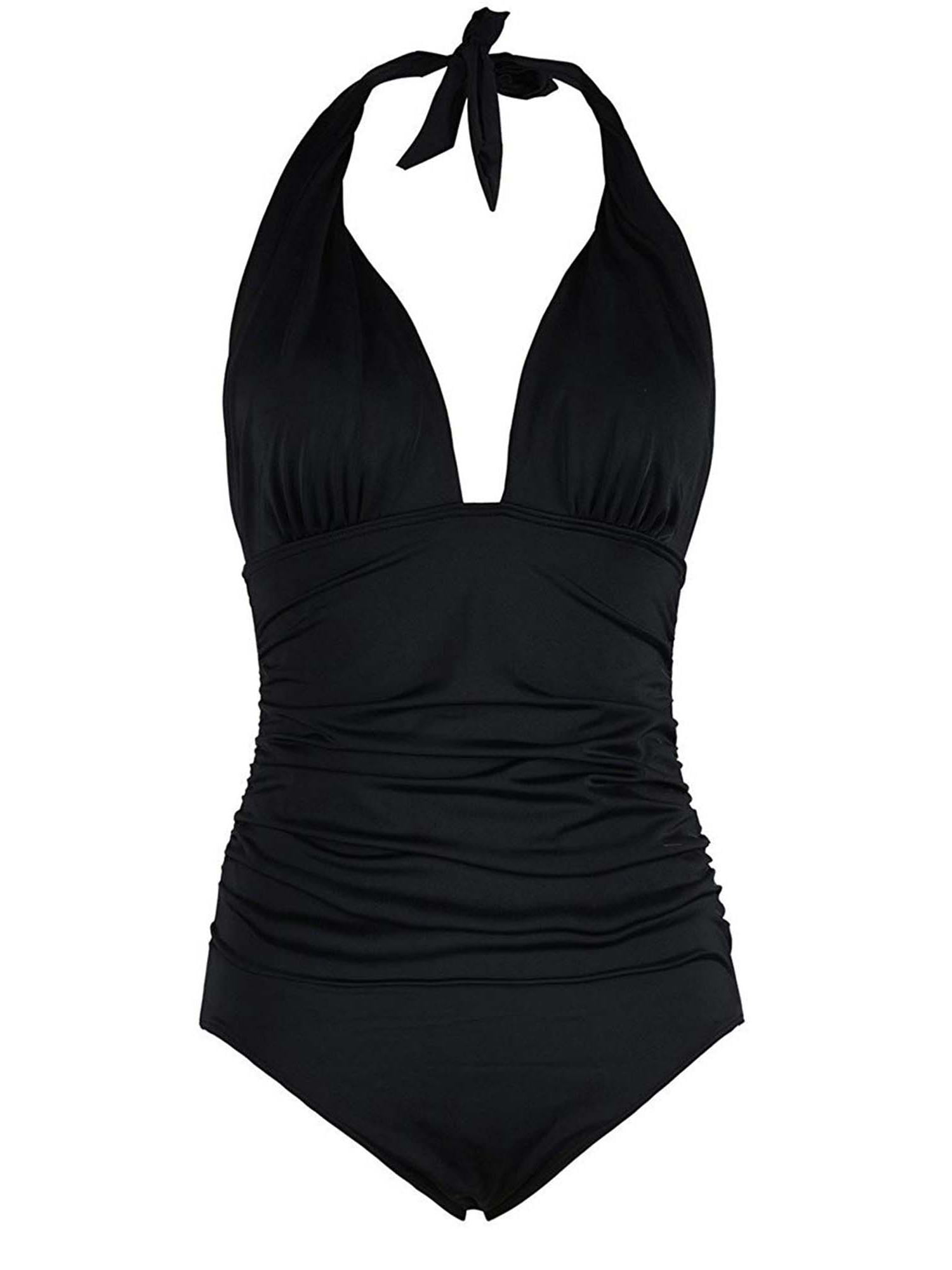 Womens Plus Size One Piece Swimsuit- Plunging Shirred Deep V Tie Back ...