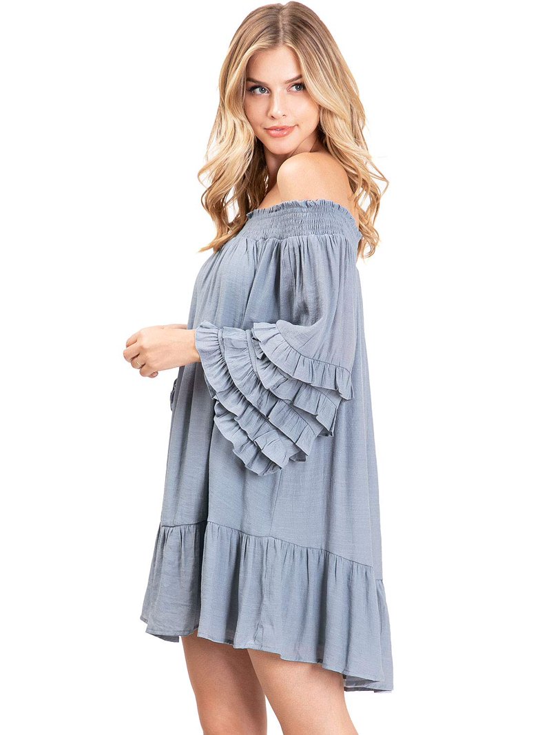 Wish List Women's Linen Mini 3/4 Ruffle Sleeve Mini Dress (Blue, M/L)