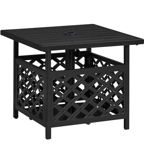 YUONAO Outdoor Side Table with Umbrella Hole, Durable Metal Patio Table Base, Black Weather-Resistant End Table for Backyard, Garden, Poolside, Balcony