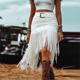 thumbnail image 2 of MORTTIC Women's Solid Color Asymmetrical Hem Fringe Skirt, Western Denim Style Boho Midi Skirt White，S, 2 of 3