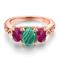 thumbnail image 3 of Gem Stone King 18K Rose Gold Plated Silver Green Malachite and Red Created Ruby Filigree Style 3 Stone Ring for Women (3.00 Cttw, Oval 8X6MM and 6X4MM, Size 8) (Size 8), 3 of 6