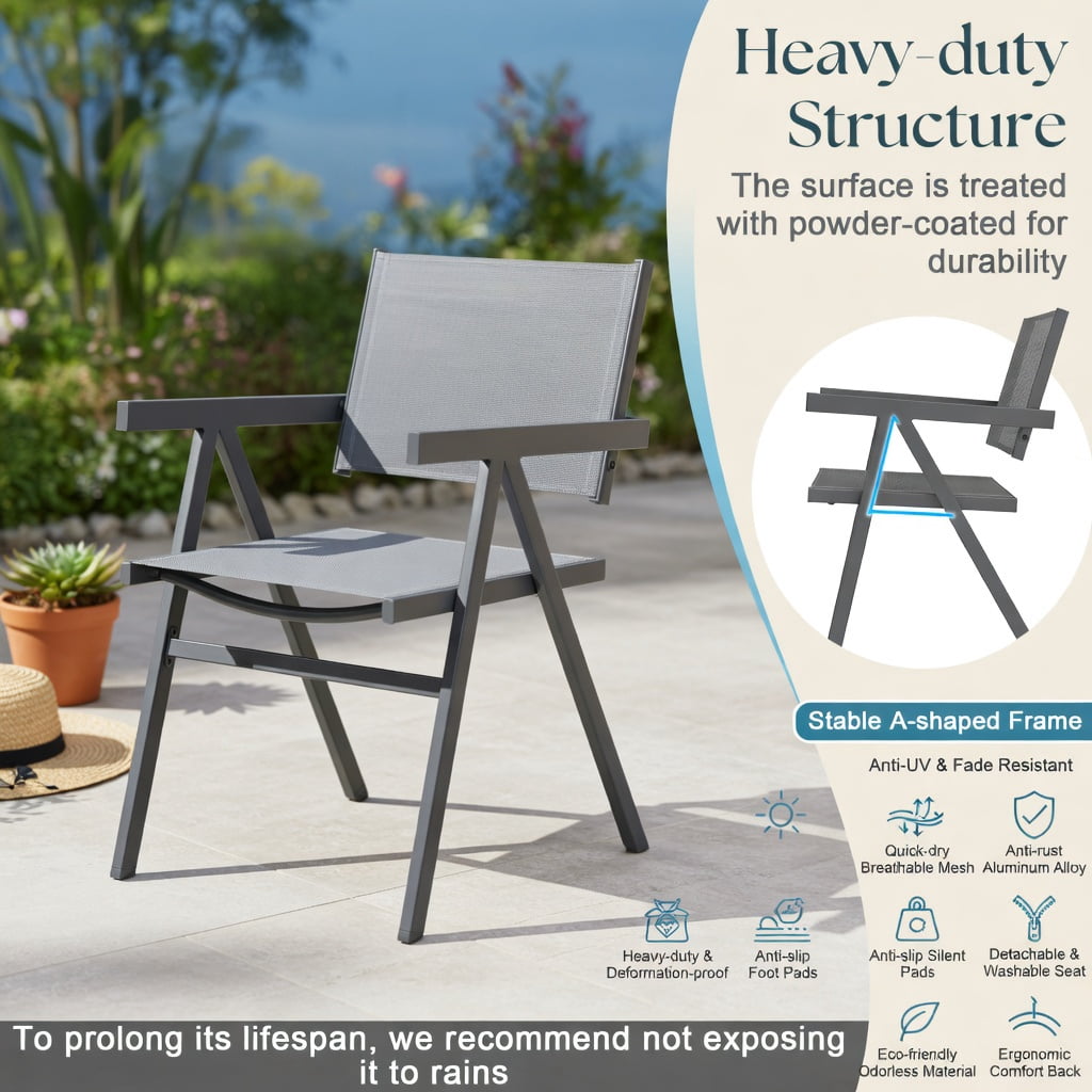 Hommoo 4-Pack Outdoor Patio Dining Chairs, Breathable Fabric Seat, Powder-Coated Metal Frame, Fade-Resistant & Ergonomic for Patio, Poolside & Backyard, Gray