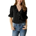 thumbnail image 2 of INSPIRE CHIC Women's Ruffled V Neck Puff Elbow Sleeve Semi-Sheer Chiffon Blouse S Black, 2 of 8