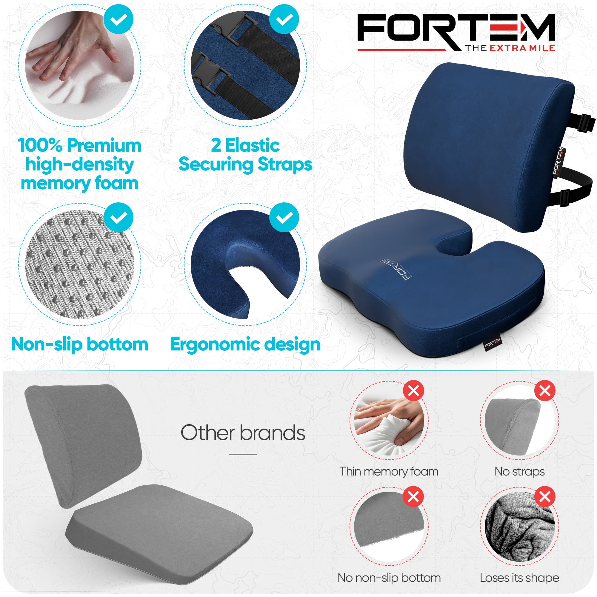 FORTEM Seat Cushion, Office Chair Cushion, Lumbar Support Pillow for Office Chair, Memory Foam Car Seat Cushions, Sciatica Coccyx Tailbone Pain Relief, Cushions for Back Support, Washable, Non Slip