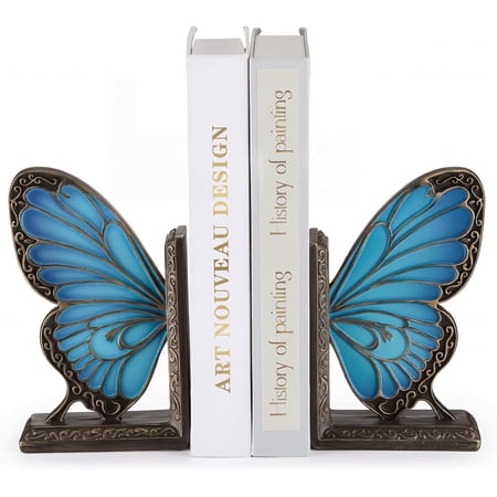 2 Pcs Vintage Blue Butterfly Bookends Resin Book Ends for Shelves Heavy Duty Decorative Bookends Butterfly Book Stopper Holder Decor for Desk Home Office, Shelf Decoration Special Creative Gifts
