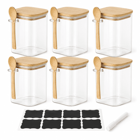 QOPR 6 Pack 0.8 Qt Square Glass Jars with Bamboo Lids & Spoons, Airtight Glass Storage Containers with Labels for Coffee Sugar Spice Pantry