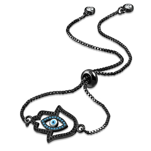 Stainless Steel Black Multi-Color CZ Cutout Evil Eye Hamsa Adjustable Chain Bracelet, 9.5"