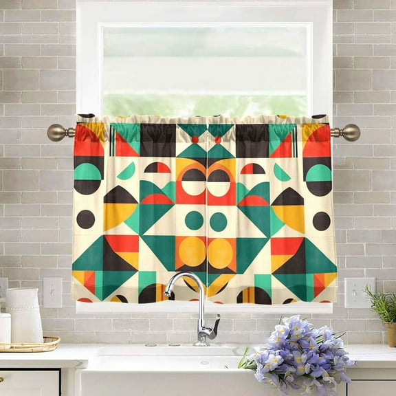 Yayeee Kitchen Curtains Tier Pair Light Filtering 27"x36" Rod Pocket Short Cafe Window Panel, Beige Geometric