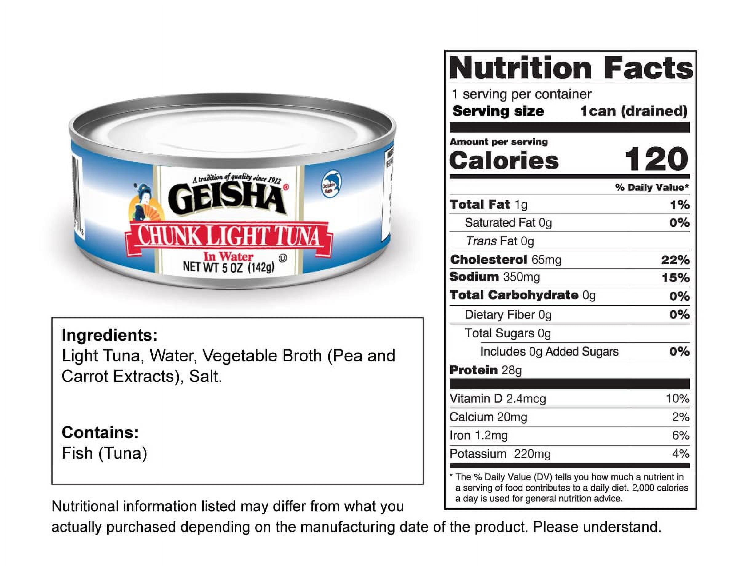 GEISHA Chunk Light Tuna In Water 5oz(Pack of 24), Canned Skipjack Tuna | No Trans Fat - No Sugar Added – Kosher Certified – Gluten Free – Omega 3 – Good Source of Protein