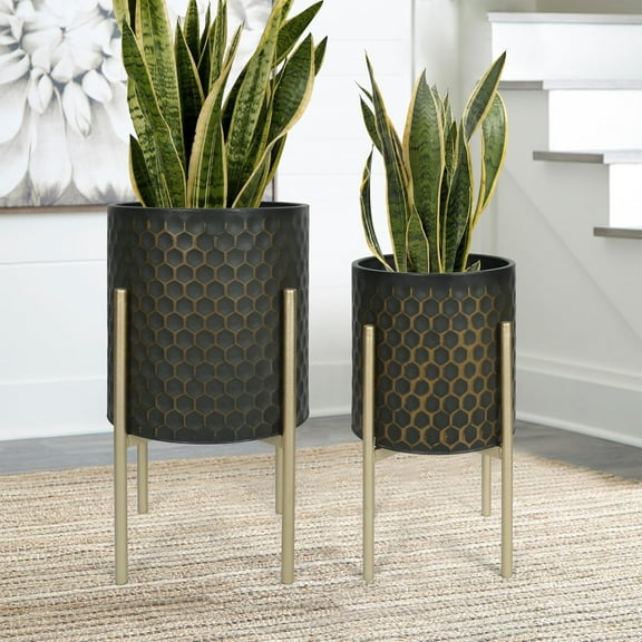 Oakrain Mid Century Planters for Indoor , Set of 2, Modern Decorative Metal Pots for Living Room, Office, Garden or Balcony, Black&Golden , 10inch&12inch