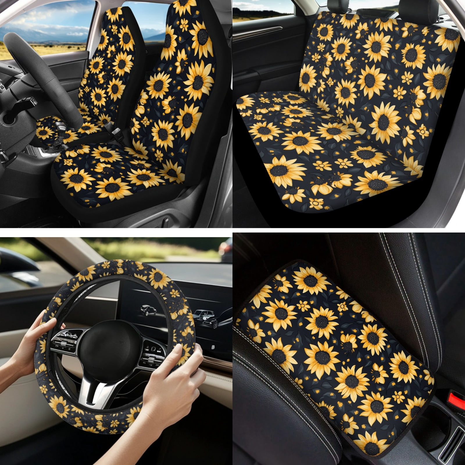 Yuyamidu 13 PCS Car Seat Cover Full Set Sunflower Steering Wheel Cover Seat Belt Pad Cover Coasters Armrest Cover Keychain Lipstick Holder Car Decor Accessories