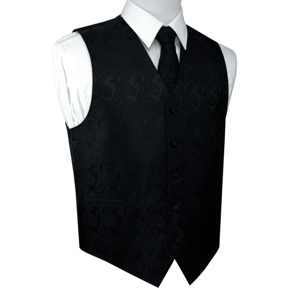 Men's Formal, Wedding, Prom, Tuxedo Vest, Tie & Hankie set in Black Paisley