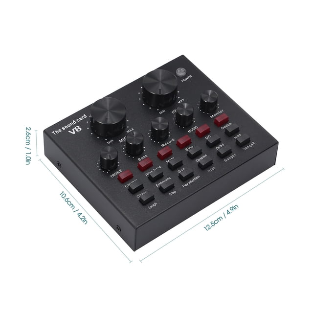 V8 External Metal USB Sound Card with AP8248 Chip, 46bit/32KHZ, Dual Channel Vocal Track, 6 Voice Modes & 12 Ambient Effects, 3.5mm Interface, 1000mAh Battery, for Home/Outdoor Live Streaming,