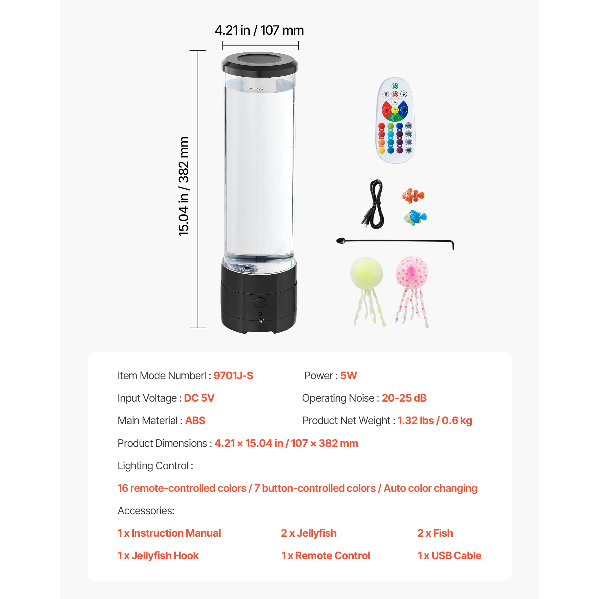 KFFKFF Sensory Bubble Tube Lamp with 16 Color Options, Water Fish Light, Bluetooth Speaker & White Noise, Decorative Night Light for Bedroom and Living Room