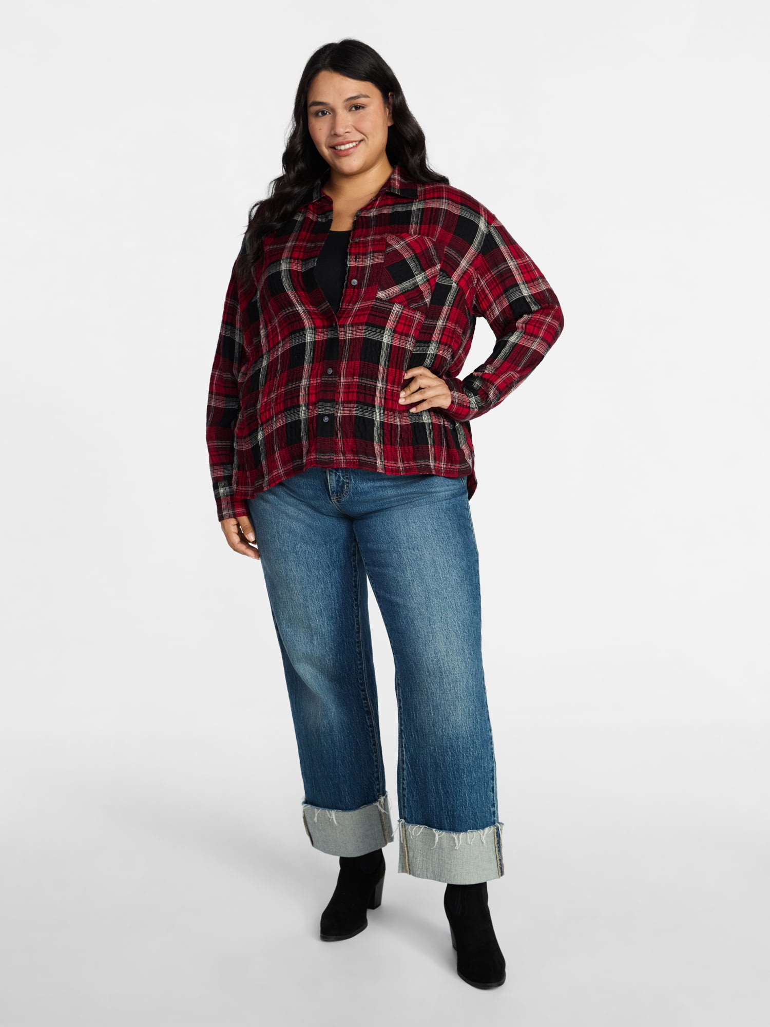 Terra & Sky Women's Plus Size Plaid Button Front Shirt, Sizes 0X-5X