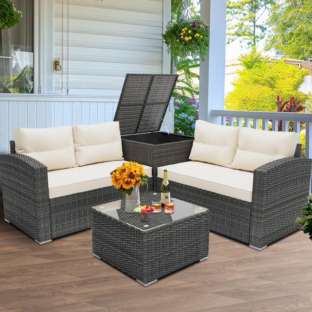 Rattan Patio Sofa Set, 4 Pieces Outdoor Sectional Furniture, All-Weather PE Rattan Wicker Patio Conversation, Cushioned Sofa Set with Glass Table & Storage Box for Patio Garden Poolside Deck