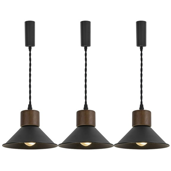 KAYYELAMP Set Three Track Light E26 Walnut Base Dia 7.0" Black Metal Shade Vintage Design 3.2 Ft Adjusted Cord H-Type Track Hanging Light for Farmhouse Kitchen Sink Home(No Bulb, Track)