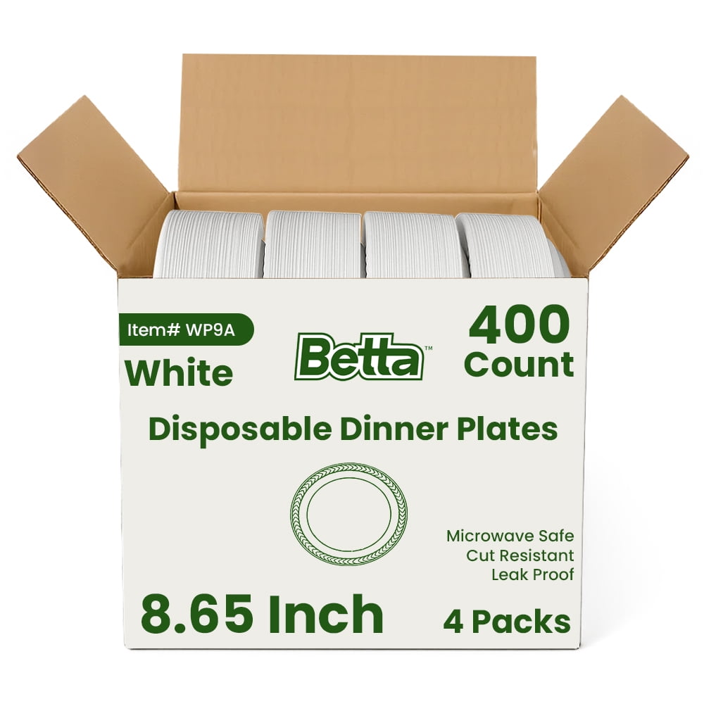 Betta Disposable Plastic Dinner Plates, White, 400 Count, Bulk Case, Microwave Safe (4 Pack Per Box x100)