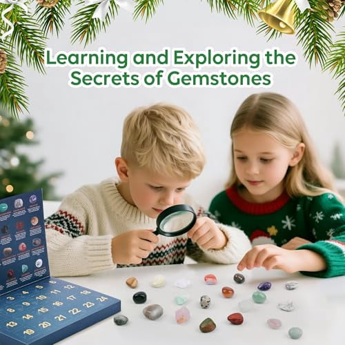 Crystal Advent Calendar 2025 for Kids, 24 Natural Gemstones Stones Advent Calendar with Geographic Gemstone Rocks and Minerals - Christmas Countdown Gift for Boys, Girls, Teens & Adults（2pack）