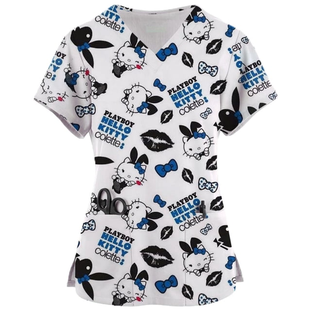 Beach Style Hello Kitty Scrubs Medical Uniforms Woman Hello Kitty Cartoon Printed Nurse Tops Pet Groom Short Sleeve Carer Clothe