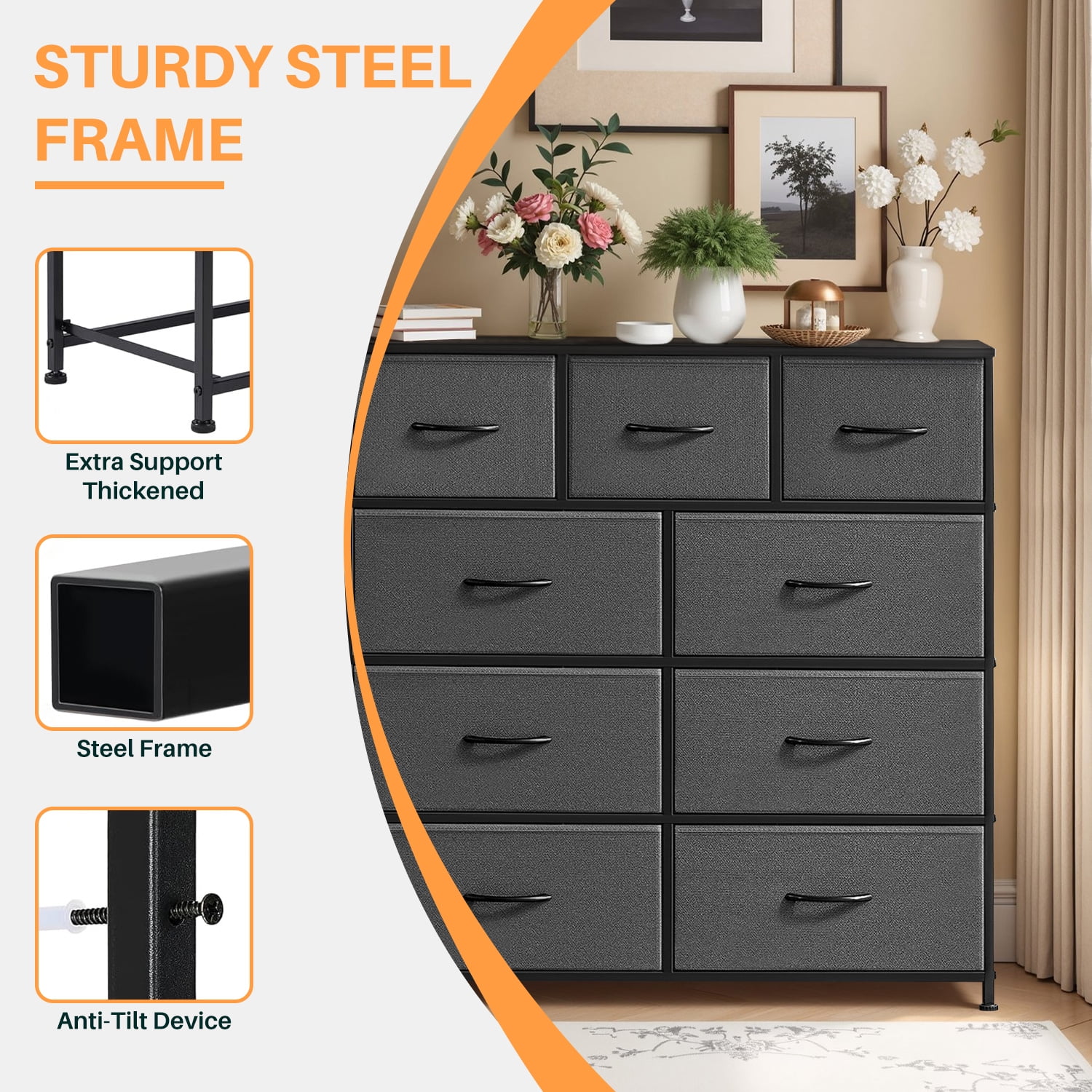 Simenmax 9 Drawers Dresser for Bedroom, Tall Fabric Closet Chests Organizer Tower Furniture with Wooden Top Metal Frame for Clothes, Room, Living Room, Hallway, Entryway,Gray
