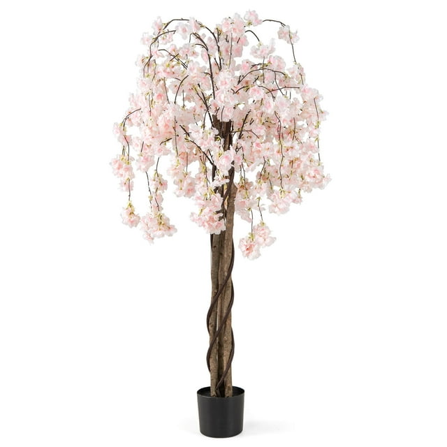 Costway 1 PCS 5.5 FT Tall Artificial Cherry Blossom Tree with Pink Flowers Fake Potted Tree White