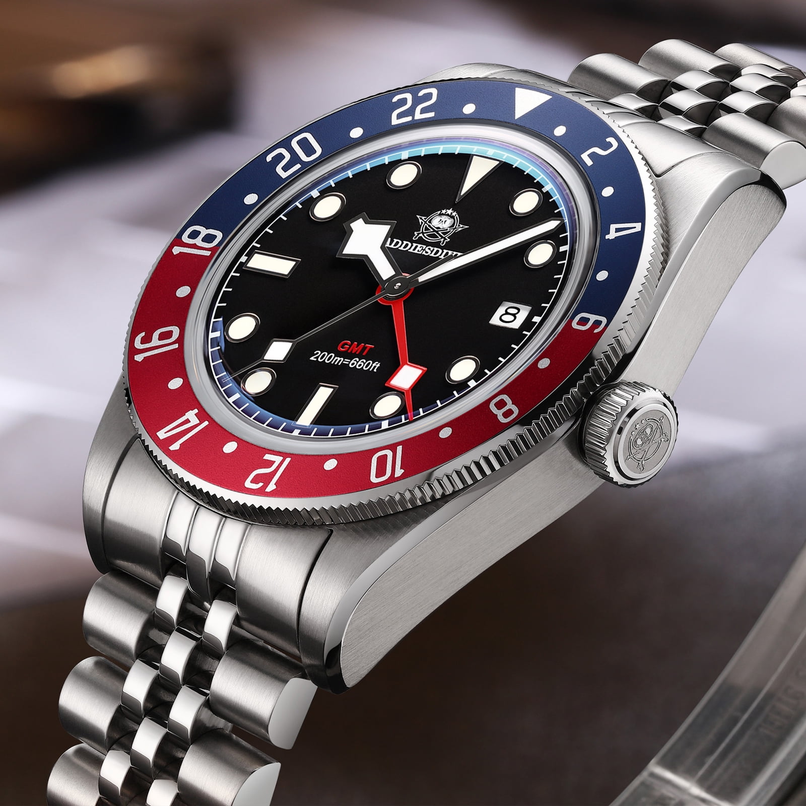 ADDIESDIVE Swiss GMT Watch for Men – 200M Diver’s Waterproof, Quartz Movement Watches,316L Stainless Steel,  BGW9 Super-LumiNova & Unidirectional Bezel