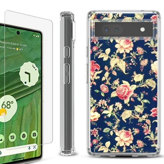 Shockproof Bumper Phone Case for Google Pixel 6a, with Tempered Glass Screen Protector, by OneToughShield ® - Floral Garden
