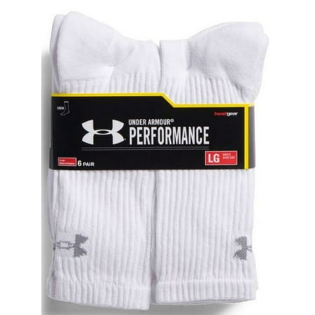 Under Armour UA Performance Crew Socks 6 Pairs Size 9-12.5, White, Large