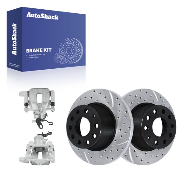 AutoShack Rear Solid Drilled & Slotted E-Coated Brake Rotors   Calipers 4-PC Brake Kit Replacement for 2005-2009 Volkswagen Jetta 2010 Volkswagen Golf 2009 Audi A3 ShadowGuard 10.7" (271.8 mm)