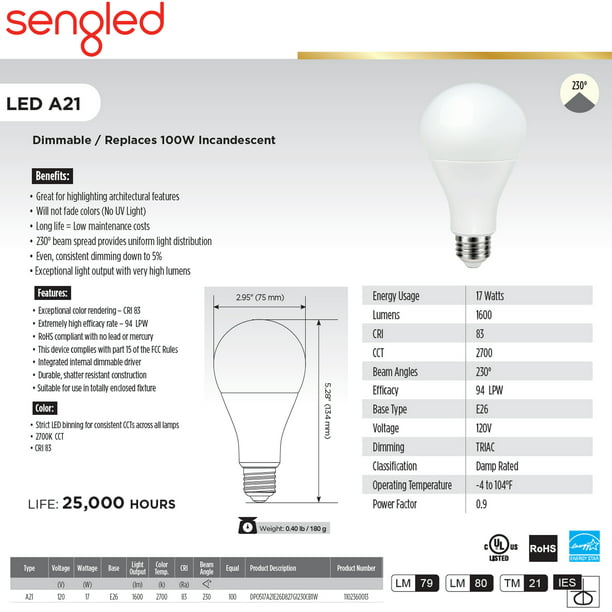 Sengled LED 100W A21 Replacement Bulb, E26, 17W, 1600-Lumen, 2700K - Walmart.com