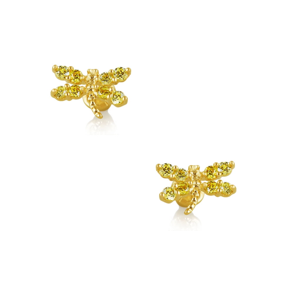 10K Solid Yellow Gold Butterfly Cz With Sapphire Screw Back Earrings!!