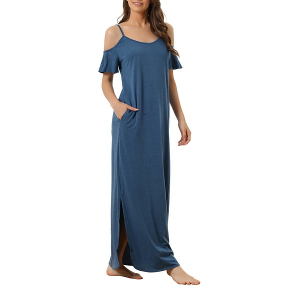 INSPIRE CHIC Women Summer Cold Shoulder Sundresses Strapless Nightgown Short Sleeve Maxi Lounge Dress