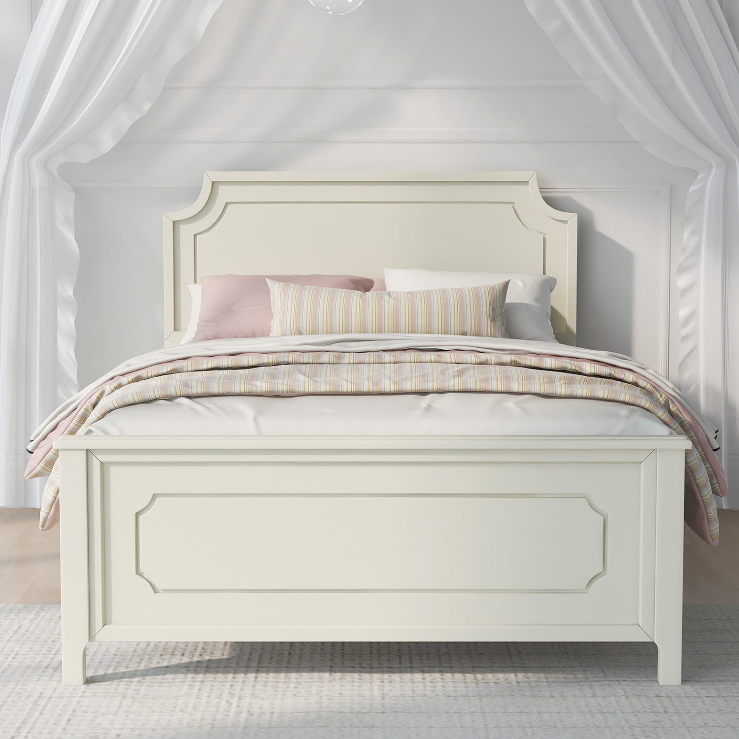 Kadyn Milky White Solid Rubber Wood Platform Bed, Modern Wood Full Platform Bed with Headboard, Farmhouse bedstead for Bedroom