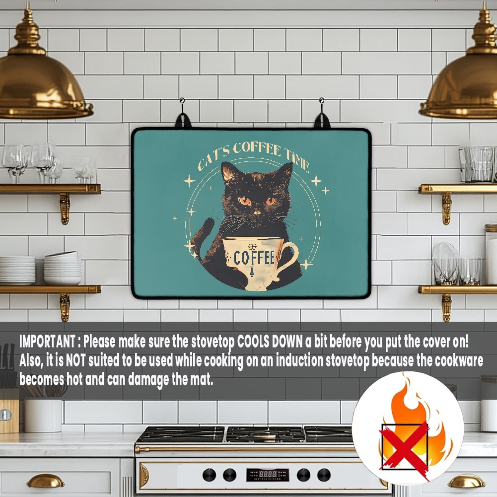 ZIATUBLE Stove Covers for Electric Stovetop Multipurpose Flat Top Stove Cover Mat Anti-Scratch Induction Cooktop Protector Cover with Rubber Backing, 29 x 21 Inch, Black Cat Coffee Time