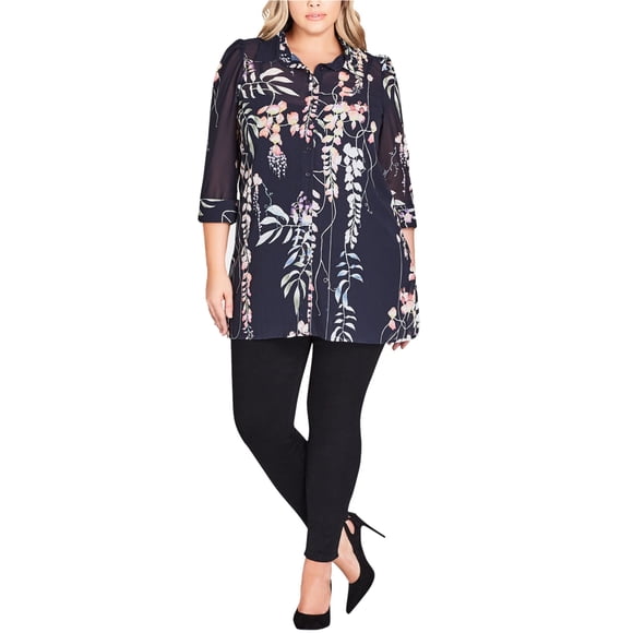 City Chic Womens Floral Button Down Blouse, Blue, Plus Size, S/16W